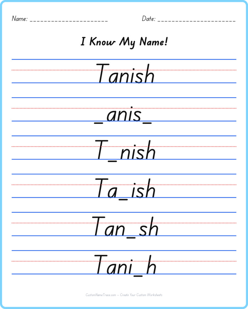 Free Tanish custom name tracing - fill-in-the-blank free worksheet