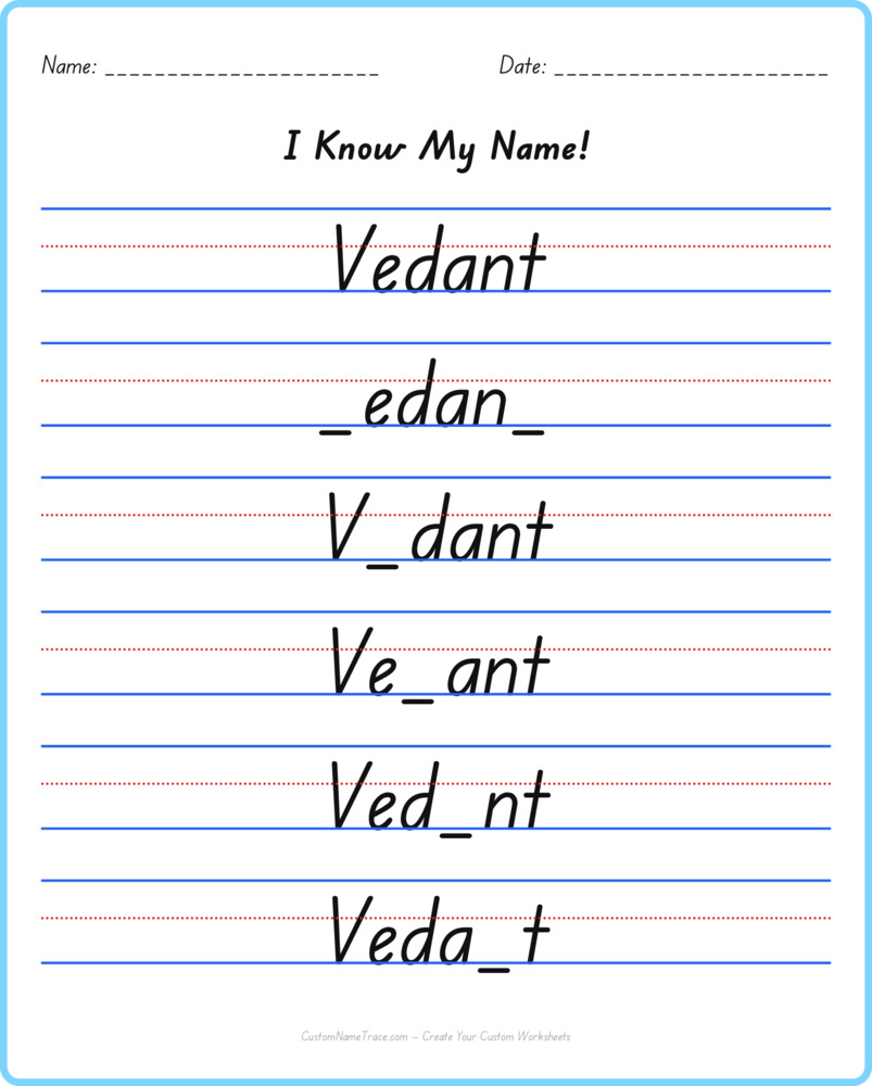 Free Vedant custom name tracing - fill-in-the-blank free worksheet