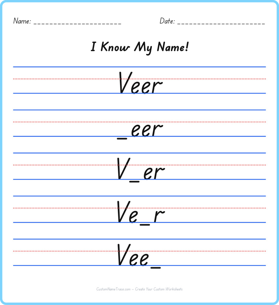 Free Veer custom name tracing - fill-in-the-blank free worksheet