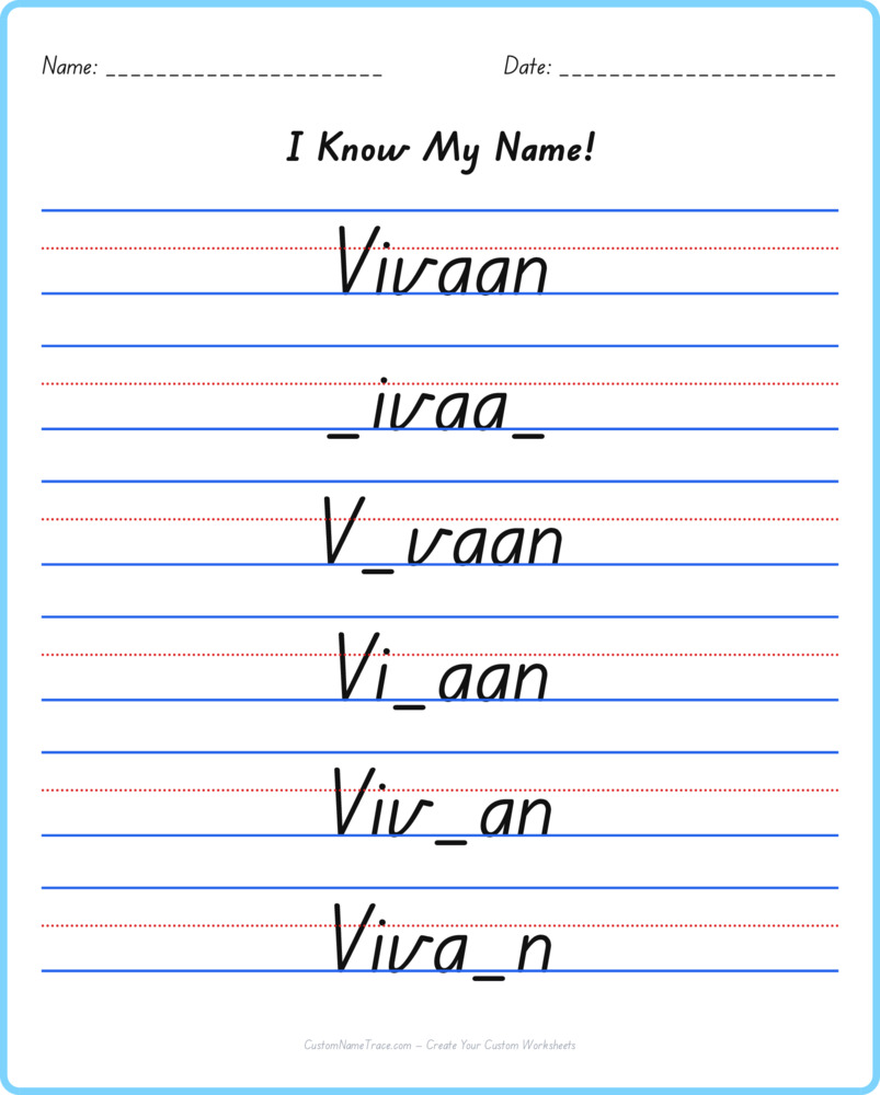 Free Vivaan custom name tracing - fill-in-the-blank free worksheet