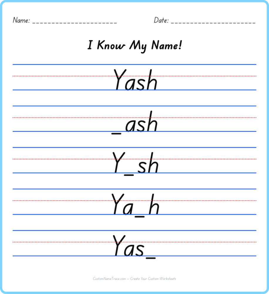 Free Yash custom name tracing - fill-in-the-blank free worksheet