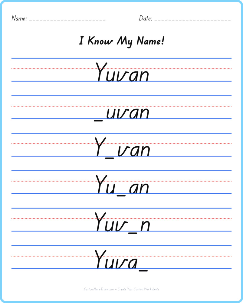 Free Yuvan custom name tracing - fill-in-the-blank free worksheet