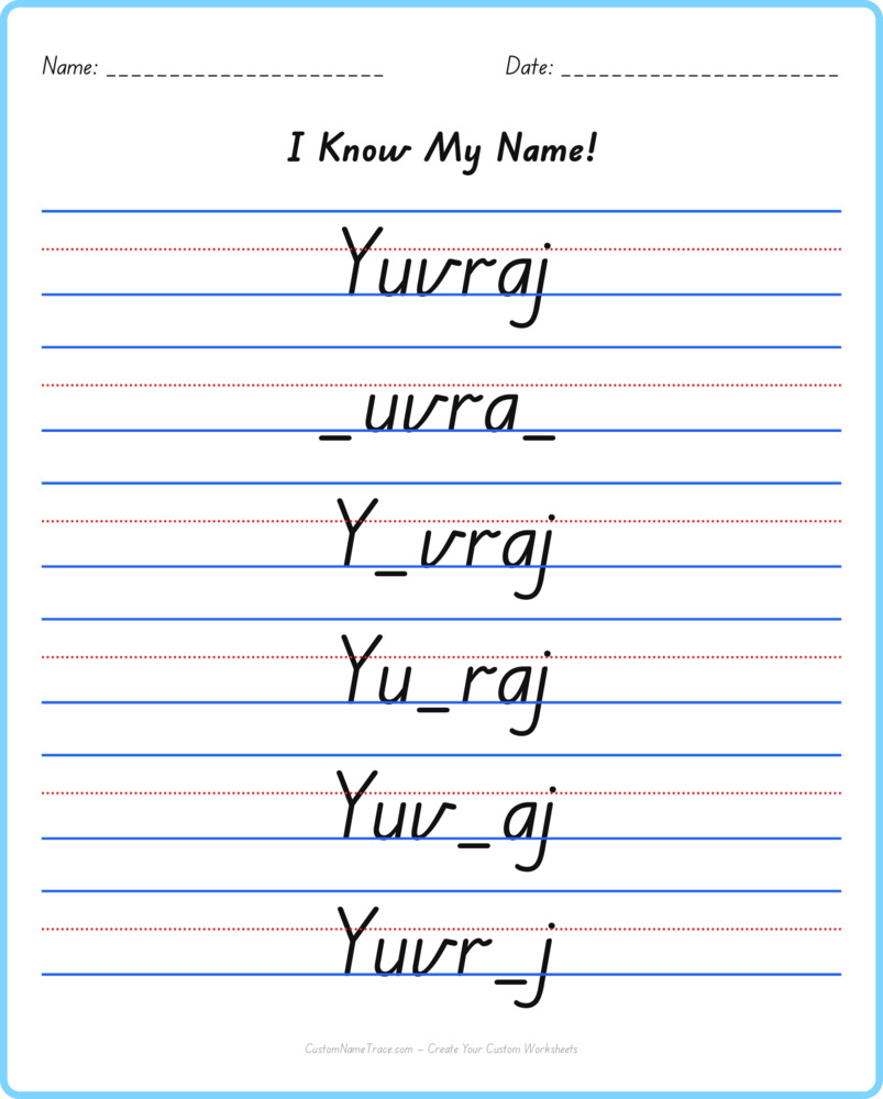 Free Yuvraj custom name tracing - fill-in-the-blank free worksheet