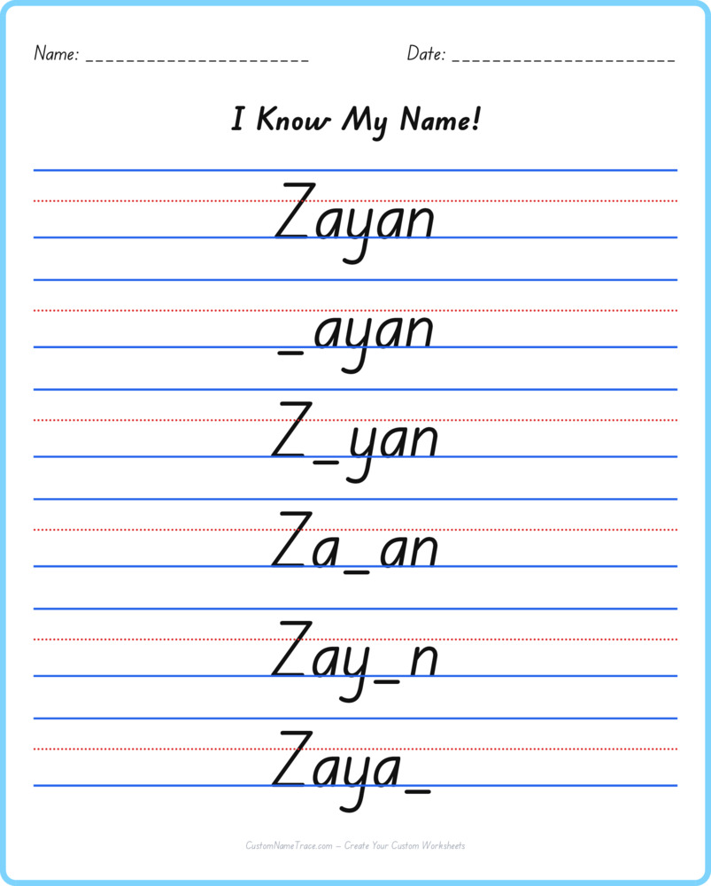 Free Zayan custom name tracing - fill-in-the-blank free worksheet