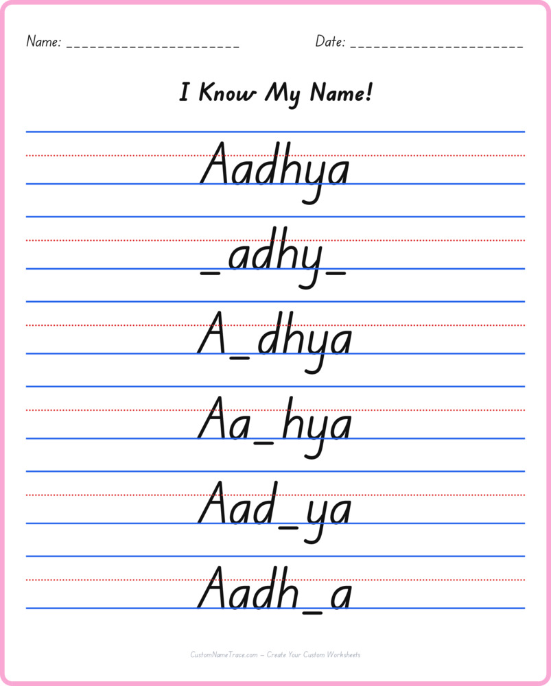 Free Aadhya custom name tracing - fill-in-the-blank free worksheet