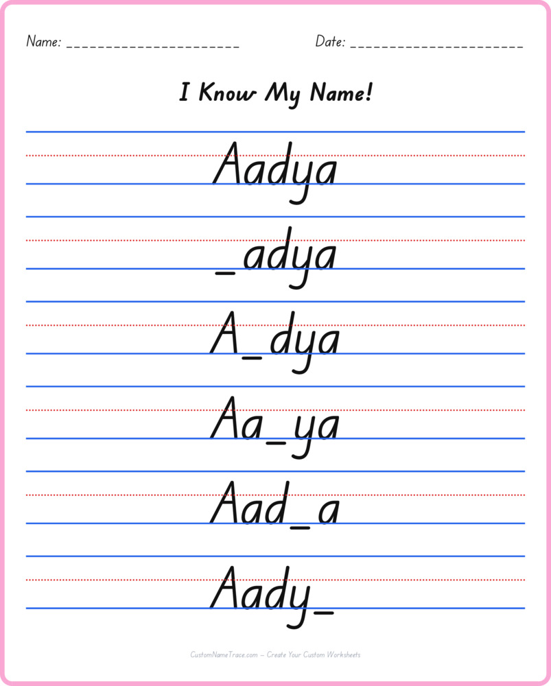 Free Aadya custom name tracing - fill-in-the-blank free worksheet