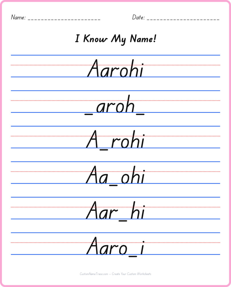 Free Aarohi custom name tracing - fill-in-the-blank free worksheet