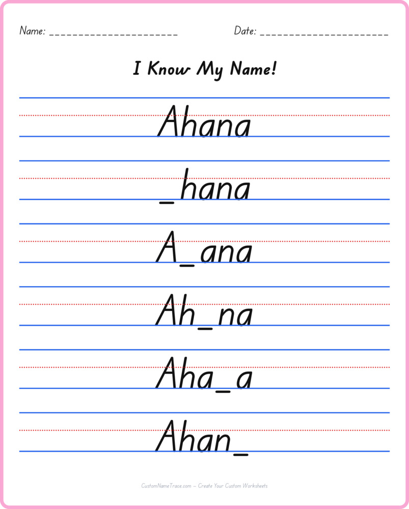 Free Ahana custom name tracing - fill-in-the-blank free worksheet