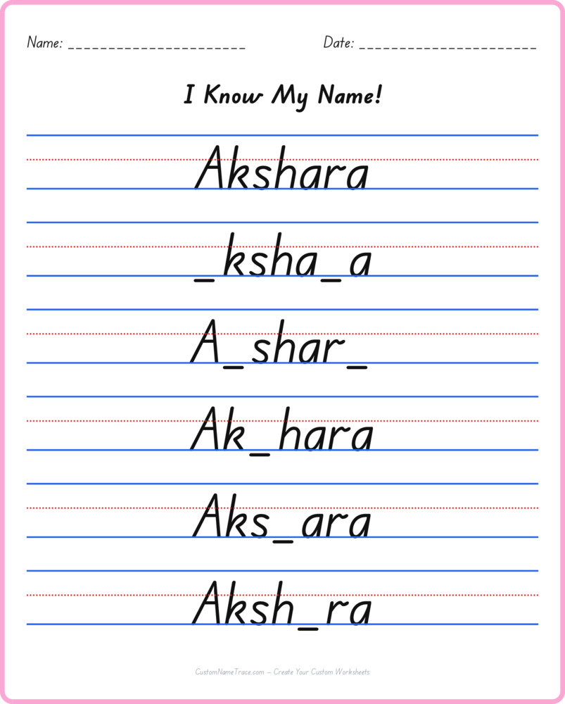 Free Akshara custom name tracing - fill-in-the-blank free worksheet