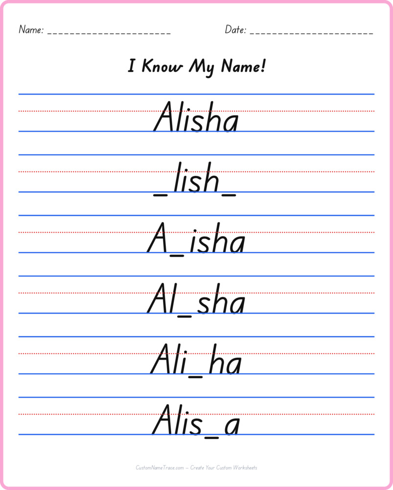Free Alisha custom name tracing - fill-in-the-blank free worksheet