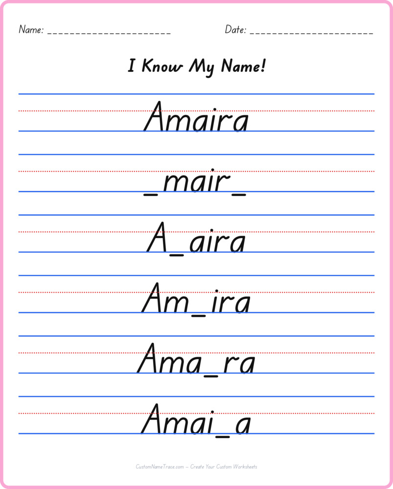 Free Amaira custom name tracing - fill-in-the-blank free worksheet
