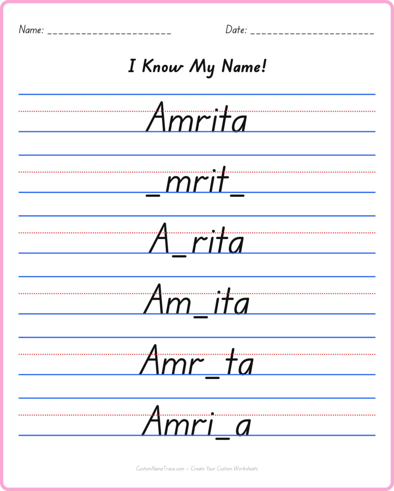 Free Amrita custom name tracing - fill-in-the-blank free worksheet