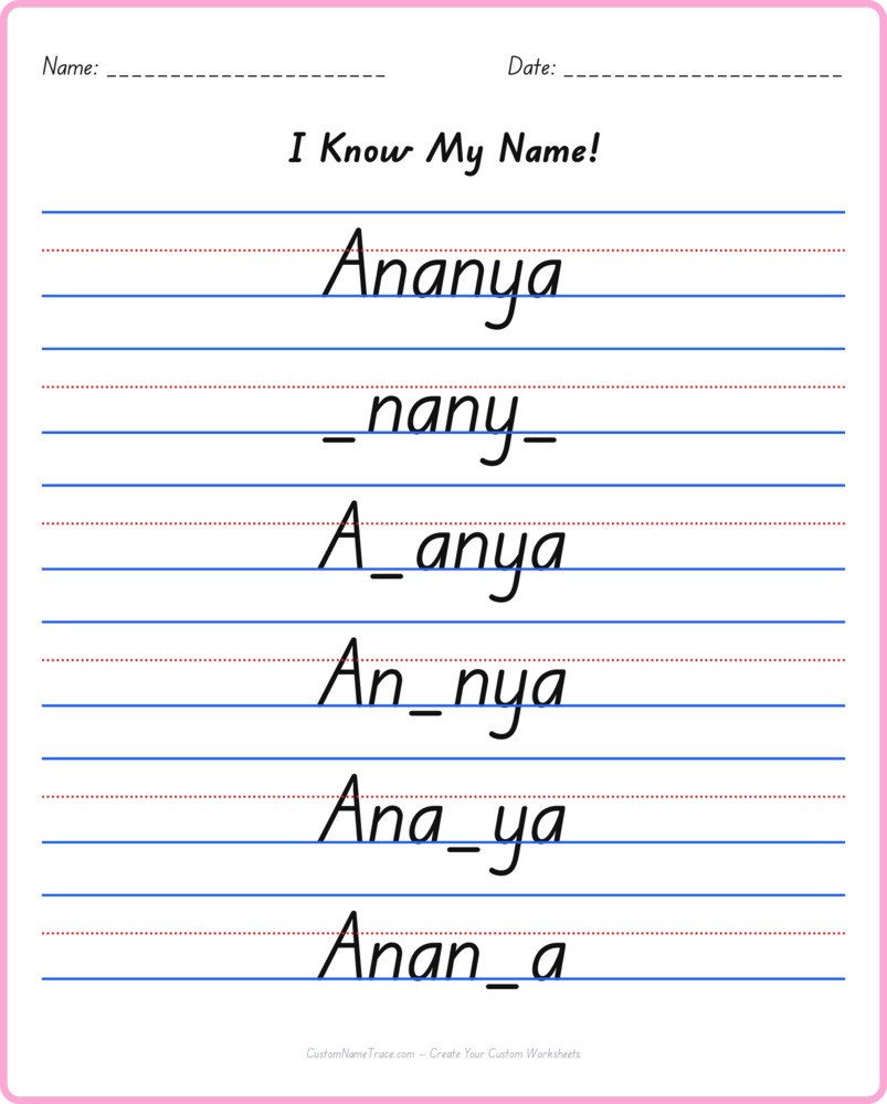 Free Ananya custom name tracing - fill-in-the-blank free worksheet