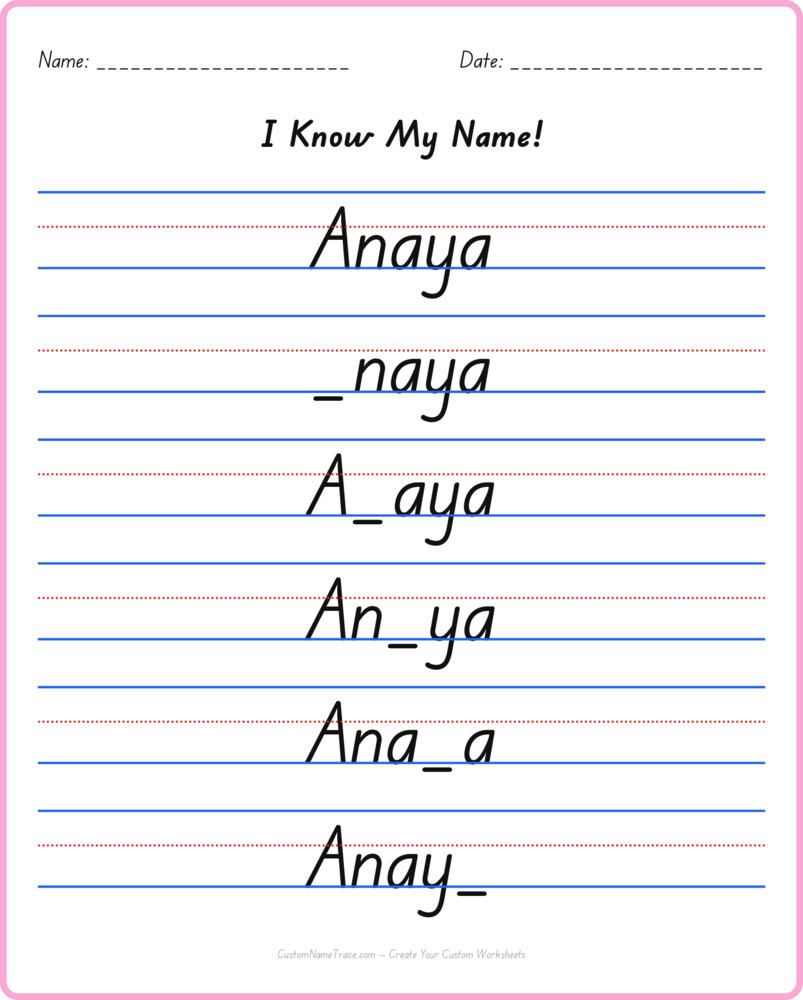 Free Anaya custom name tracing - fill-in-the-blank free worksheet