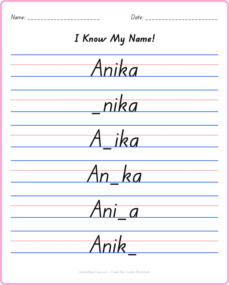 Free Anika custom name tracing - fill-in-the-blank free worksheet