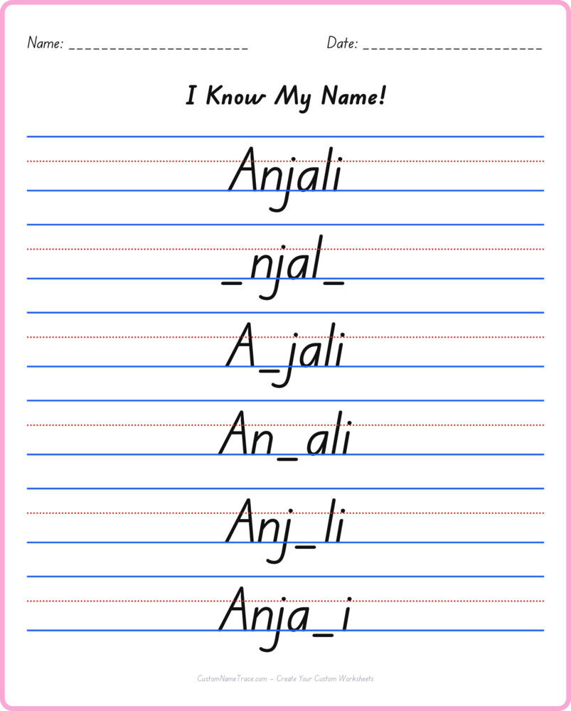 Free Anjali custom name tracing - fill-in-the-blank free worksheet