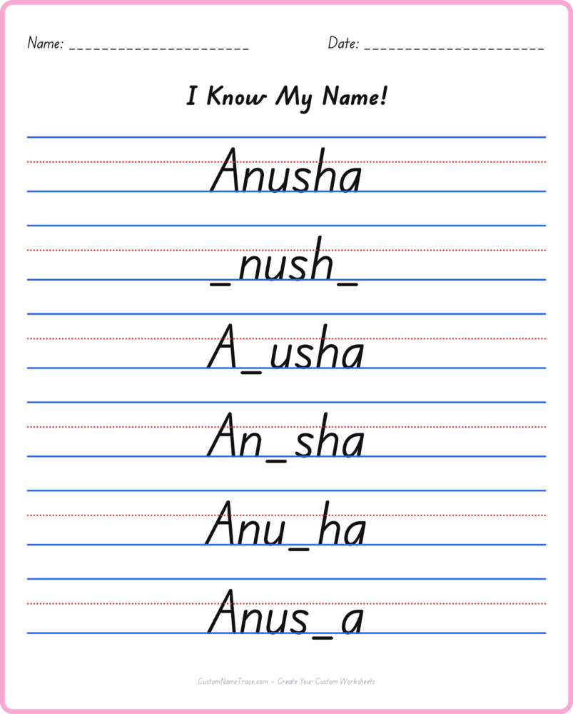 Free Anusha custom name tracing - fill-in-the-blank free worksheet