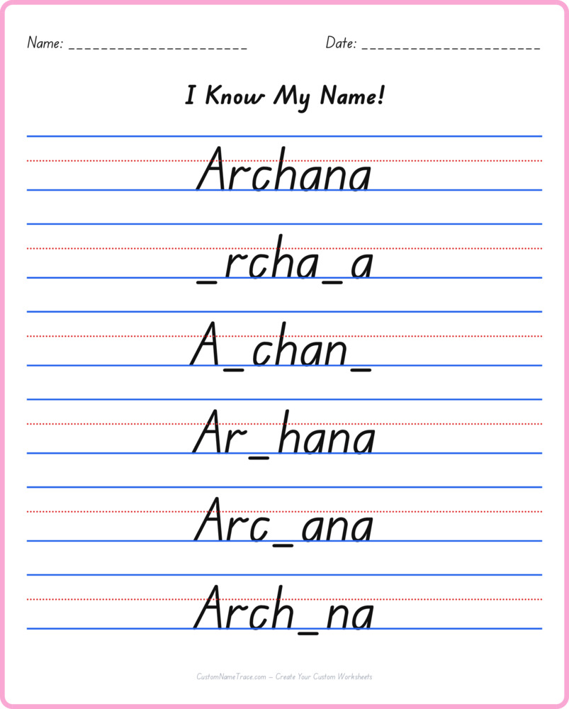 Free Archana custom name tracing - fill-in-the-blank free worksheet