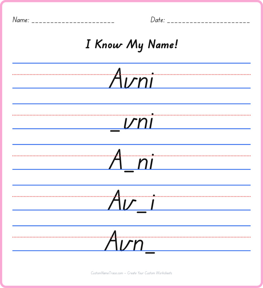 Free Avni custom name tracing - fill-in-the-blank free worksheet