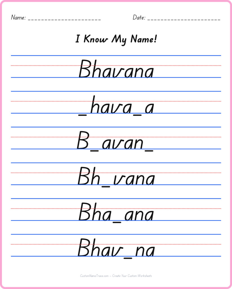 Free Bhavana custom name tracing - fill-in-the-blank free worksheet
