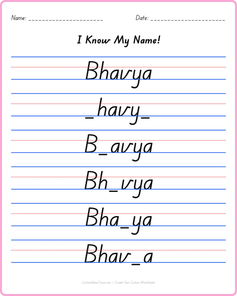 Free Bhavya custom name tracing - fill-in-the-blank free worksheet