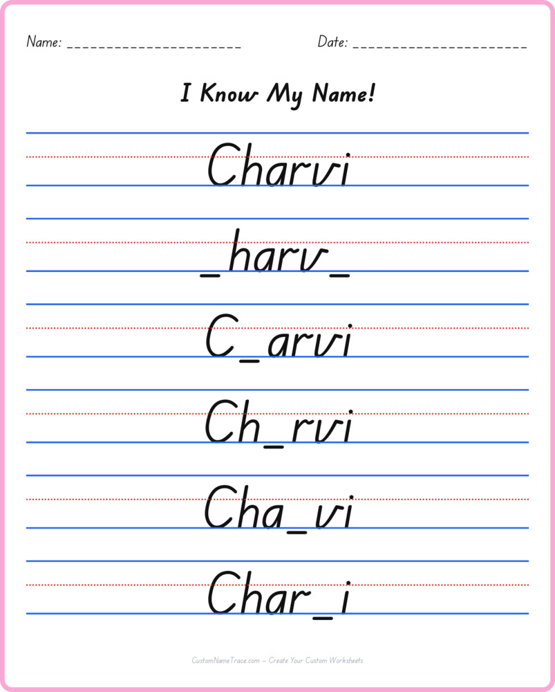 Free Charvi custom name tracing - fill-in-the-blank free worksheet