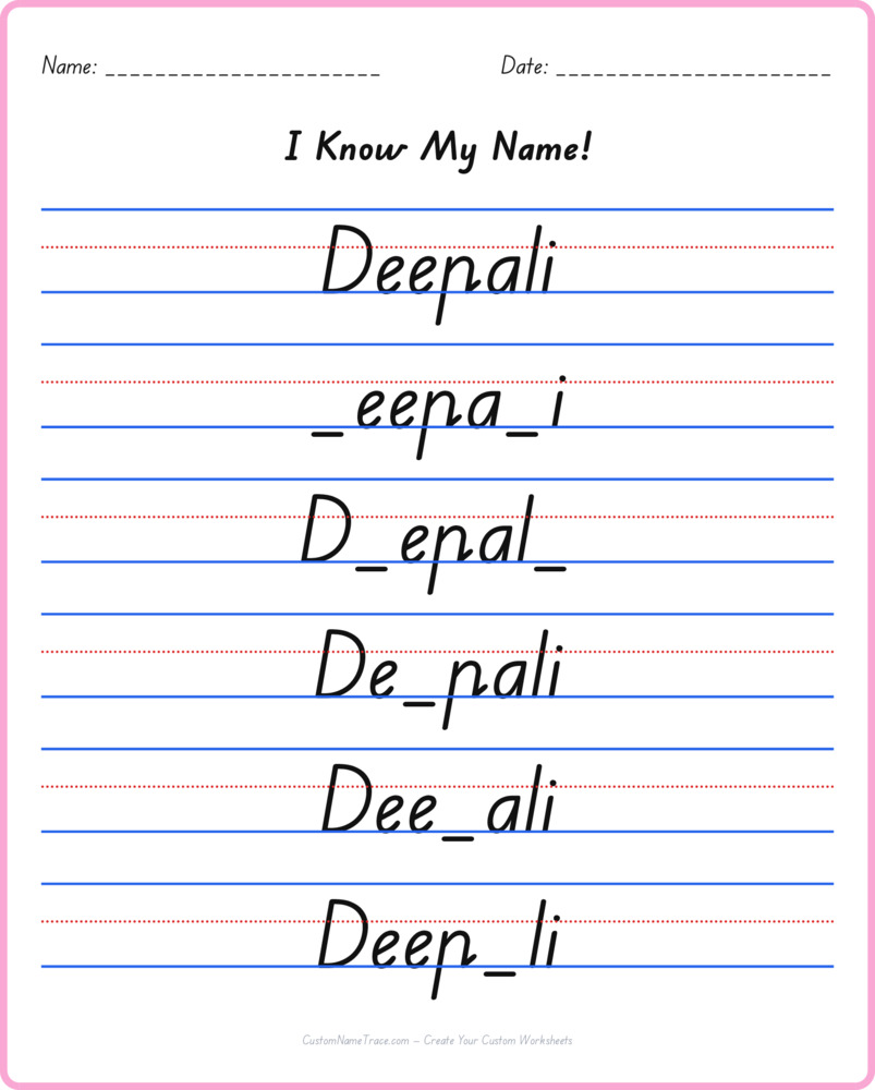 Free Deepali custom name tracing - fill-in-the-blank free worksheet