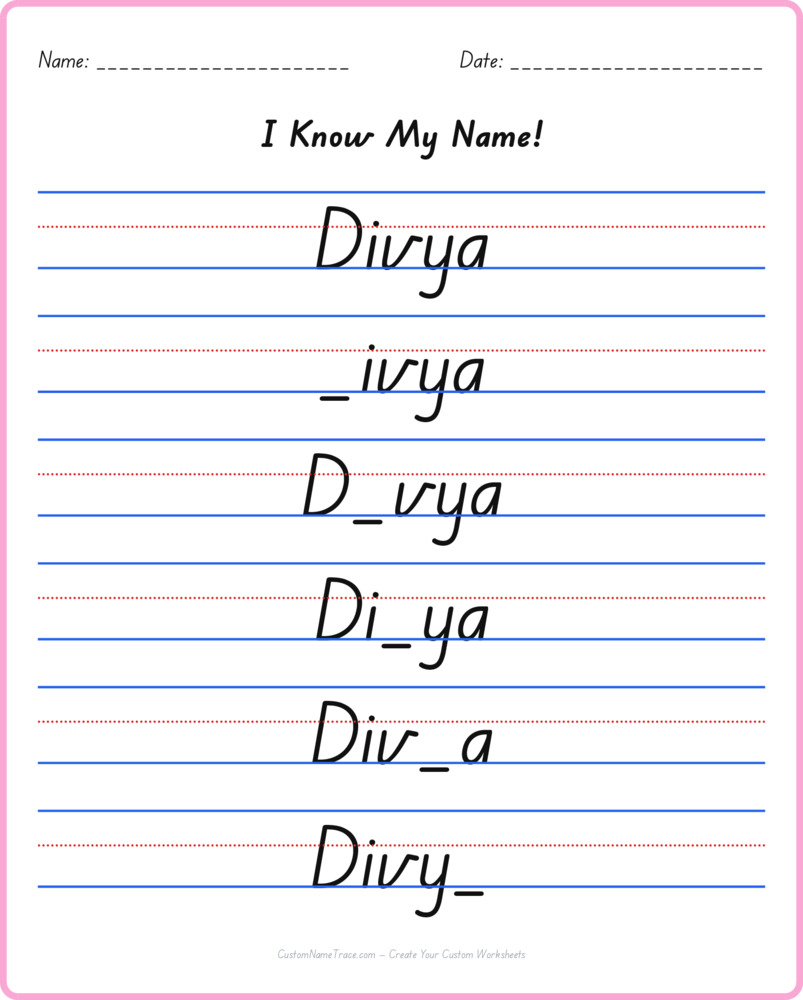 Free Divya custom name tracing - fill-in-the-blank free worksheet