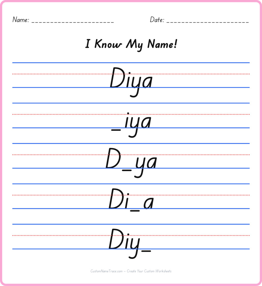 Free Diya custom name tracing - fill-in-the-blank free worksheet