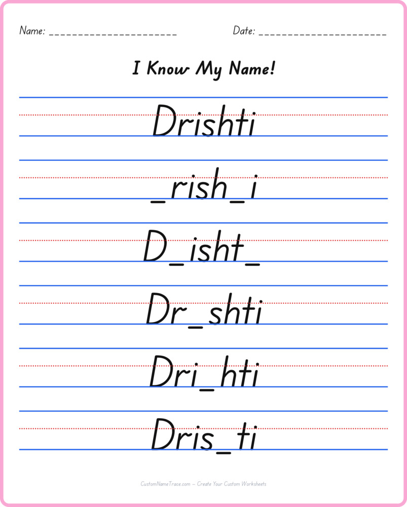 Free Drishti custom name tracing - fill-in-the-blank free worksheet
