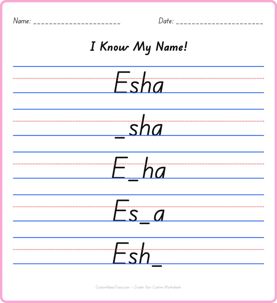 Free Esha custom name tracing - fill-in-the-blank free worksheet