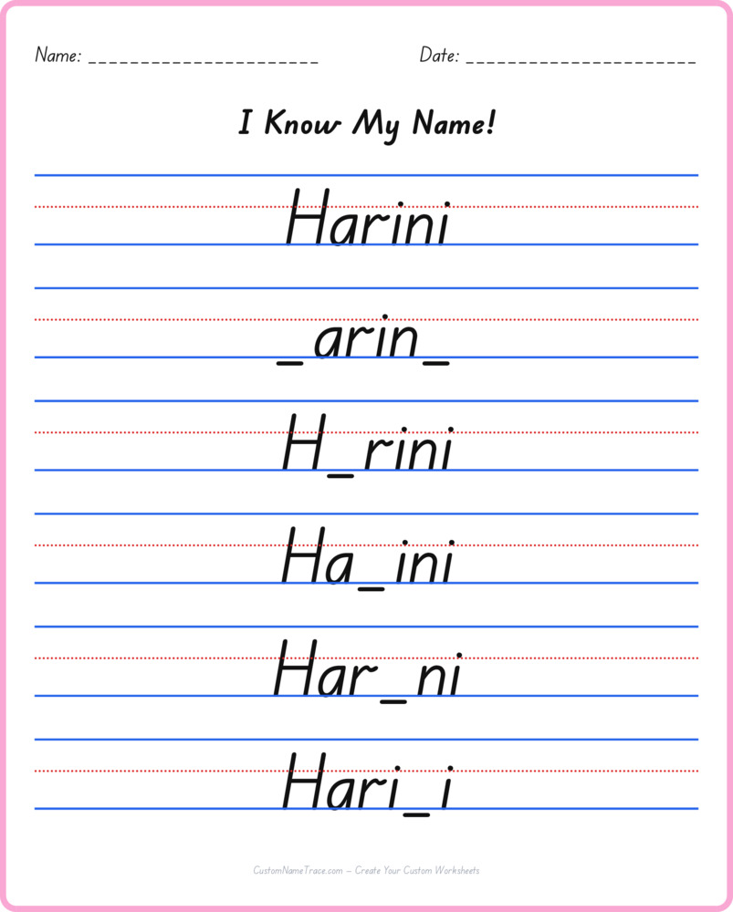 Free Harini custom name tracing - fill-in-the-blank free worksheet
