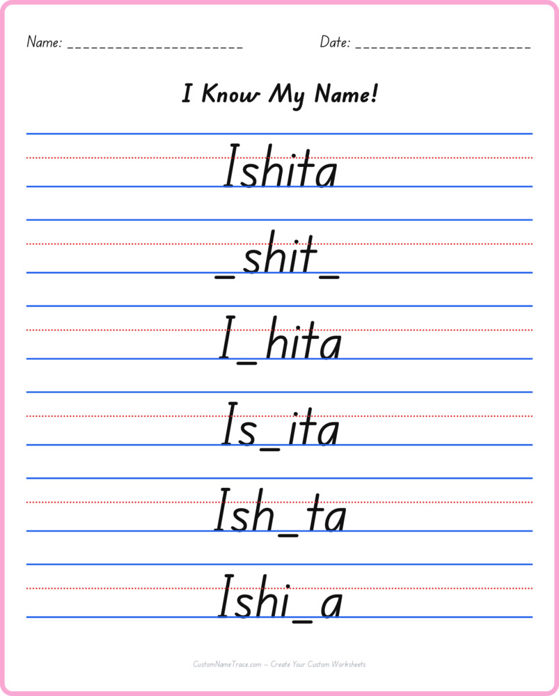 Free Ishita custom name tracing - fill-in-the-blank free worksheet