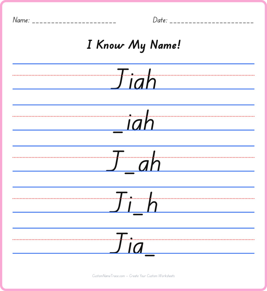 Free Jiah custom name tracing - fill-in-the-blank free worksheet