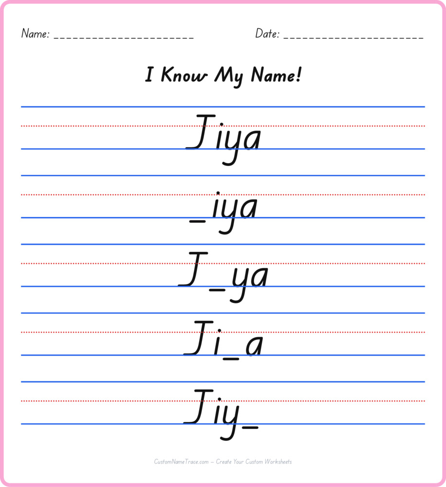 Free Jiya custom name tracing - fill-in-the-blank free worksheet