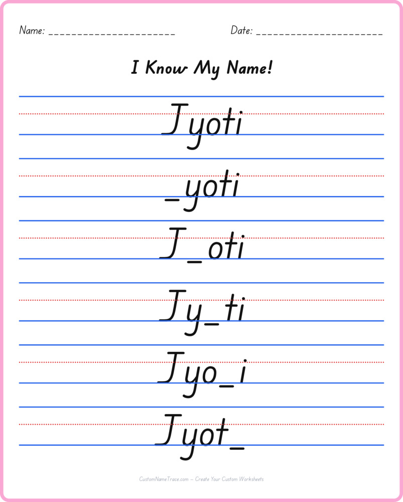 Free Jyoti custom name tracing - fill-in-the-blank free worksheet