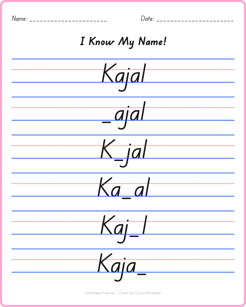 Free Kajal custom name tracing - fill-in-the-blank free worksheet