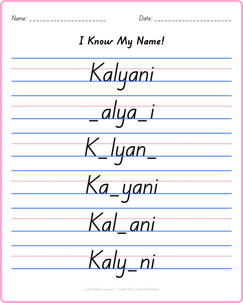 Free Kalyani custom name tracing - fill-in-the-blank free worksheet