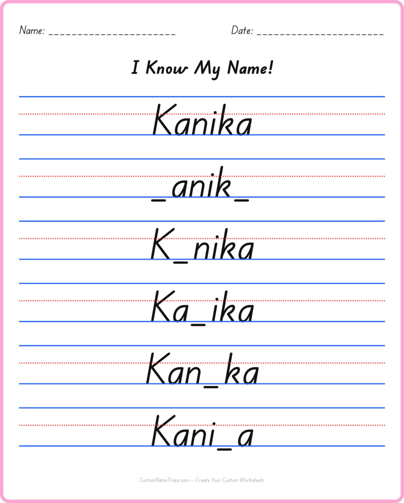 Free Kanika custom name tracing - fill-in-the-blank free worksheet