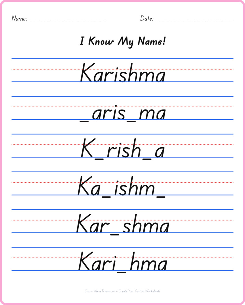 Free Karishma custom name tracing - fill-in-the-blank free worksheet