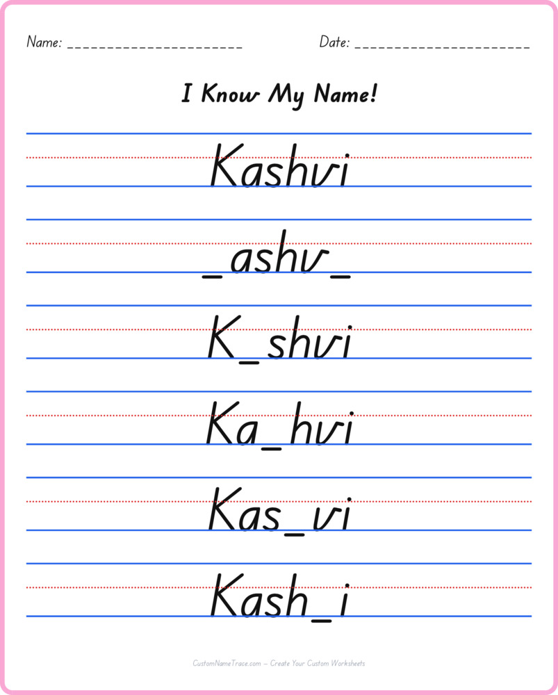 Free Kashvi custom name tracing - fill-in-the-blank free worksheet