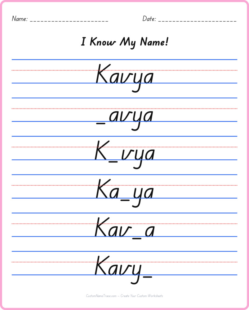 Free Kavya custom name tracing - fill-in-the-blank free worksheet