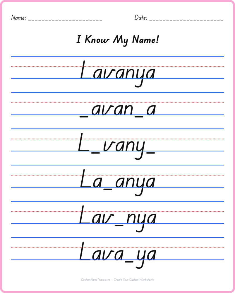 Free Lavanya custom name tracing - fill-in-the-blank free worksheet