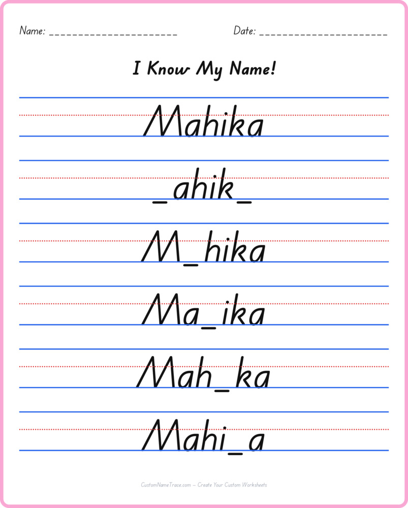 Free Mahika custom name tracing - fill-in-the-blank free worksheet