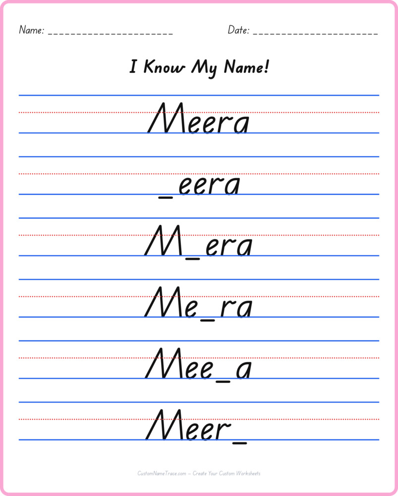 Free Meera custom name tracing - fill-in-the-blank free worksheet