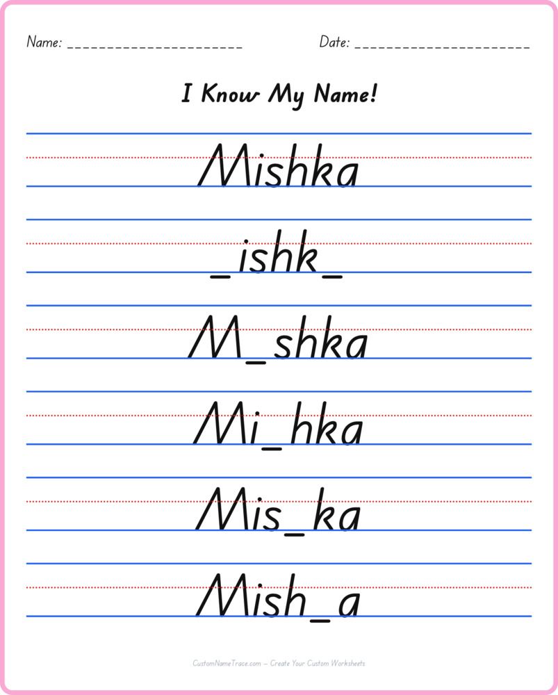 Free Mishka custom name tracing - fill-in-the-blank free worksheet