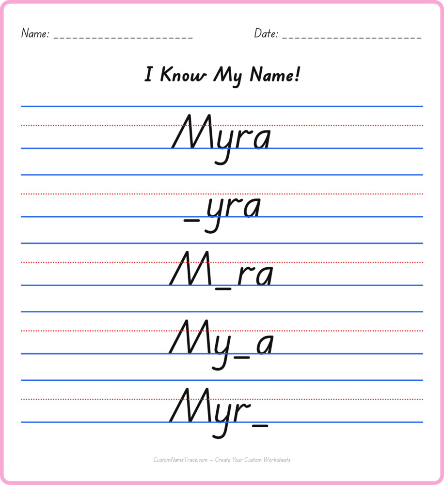 Free Myra custom name tracing - fill-in-the-blank free worksheet