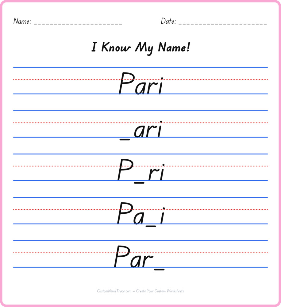 Free Pari custom name tracing - fill-in-the-blank free worksheet