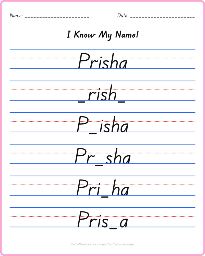 Free Prisha custom name tracing - fill-in-the-blank free worksheet