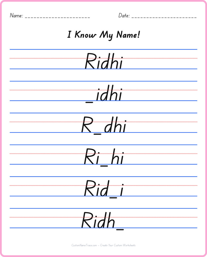 Free Ridhi custom name tracing - fill-in-the-blank free worksheet